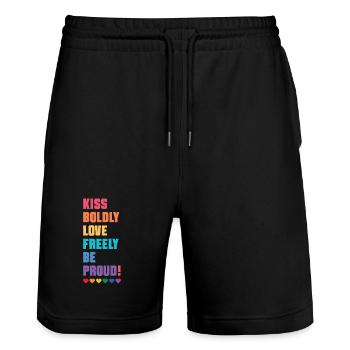LGBTQ Pride Month - Kiss Boldly, Love Freely - Stanley/Stella Trainer Unisex Organic Jogging Shorts - black - Front - Nik (191cm) & Marisol (170cm)