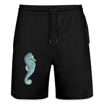 "Seepferdchen", Boho Line Art Design, Serie Ocean - Stanley/Stella Unisex Bio Joggingshorts Trainer  - Schwarz - Vorne - Nik (191cm) & Marisol (170cm)