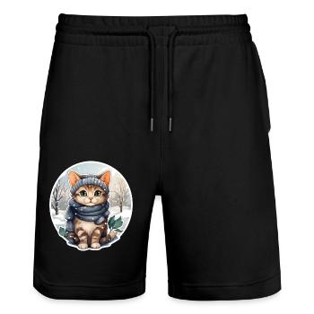 Katze im Schnee mit Mütze und Schal - Stanley/Stella Unisex Bio Joggingshorts Trainer  - Schwarz - Vorne - Nik (191cm) & Marisol (170cm)