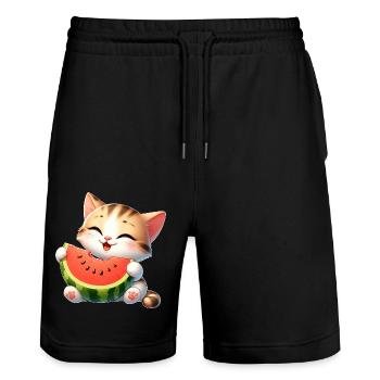 Cat Melon Watermelon Funny Fruity - Stanley/Stella Trainer Unisex Organic Jogging Shorts - black - Front - Nik (191cm) & Marisol (170cm)