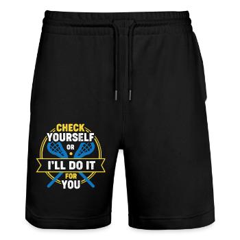 Lacrosse Check Yourself Or I'll Do It - Stanley/Stella Trainer Unisex Organic Jogging Shorts - black - Front - Nik (191cm) & Marisol (170cm)