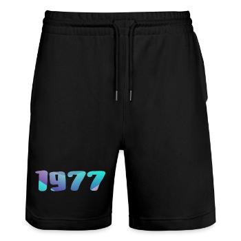 1977 Geburtstagsgeschenk Jahrgang 1977 Retro 1977 - Stanley/Stella Unisex Bio Joggingshorts Trainer  - Schwarz - Vorne - Nik (191cm) & Marisol (170cm)