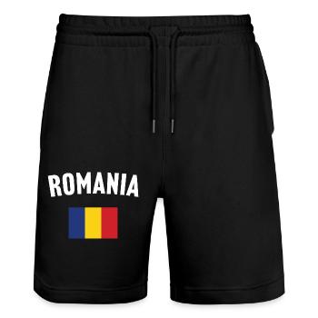 Romania Flag - Stanley/Stella Trainer Unisex Organic Jogging Shorts - black - Front - Nik (191cm) & Marisol (170cm)