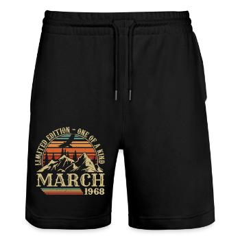 March 1968 Birthday Gift, Born In March 1968 - Stanley/Stella Trainer Unisex Organic Jogging Shorts - black - Front - Nik (191cm) & Marisol (170cm)