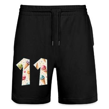 EISCREME NUMMER 11 JAHRE EIS 11. GEBURTSTAG - Stanley/Stella Unisex Bio Joggingshorts Trainer  - Schwarz - Vorne - Nik (191cm) & Marisol (170cm)