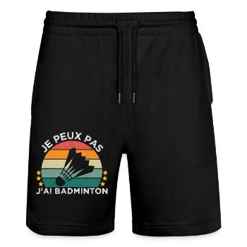 Je peux pas j' ai badminton cadeau badiste vintage - Short de jogging bio TRAINER Stanley/Stella unisexe - noir - Devant - Nik (191cm) & Marisol (170cm)