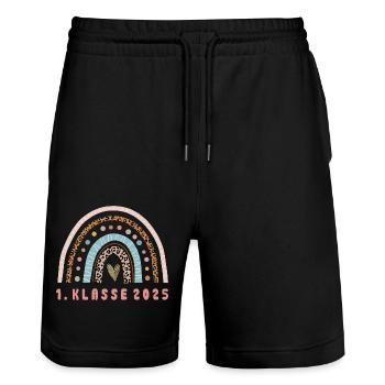 1. Klasse 2025, Einschulung, Schulkind - Stanley/Stella Unisex Bio Joggingshorts Trainer  - Schwarz - Vorne - Nik (191cm) & Marisol (170cm)