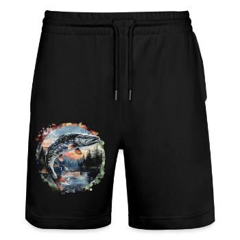 Jumping Fish – Angler Motif – Dynamic Catch - Stanley/Stella Trainer Unisex Organic Jogging Shorts - black - Front - Nik (191cm) & Marisol (170cm)