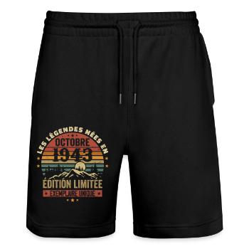 Born in October 1943 | Awesome since October 1943 - Stanley/Stella Trainer Unisex Organic Jogging Shorts - black - Front - Nik (191cm) & Marisol (170cm)