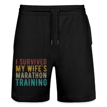 Ehefrauen Trainingsplan Lustiges Triathlon Geschenk - Stanley/Stella Unisex Bio Joggingshorts Trainer  - Schwarz - Vorne - Nik (191cm) & Marisol (170cm)