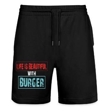 Lebensfreude mit Burger Spruch - Stanley/Stella Unisex Bio Joggingshorts Trainer  - Schwarz - Vorne - Nik (191cm) & Marisol (170cm)