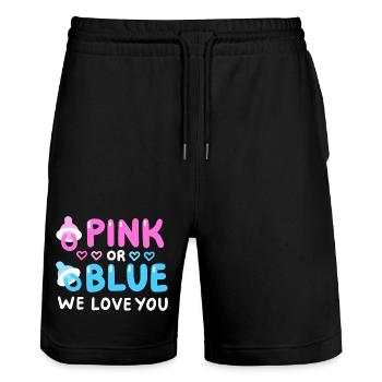 Gender Reveal Party Pink oder Blau - Stanley/Stella Unisex Bio Joggingshorts Trainer  - Schwarz - Vorne - Nik (191cm) & Marisol (170cm)