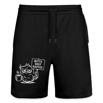 Bitte erst Kaffee – Müde Eule mit Kaffeetasse - Stanley/Stella Unisex Bio Joggingshorts Trainer  - Schwarz - Vorne - Nik (191cm) & Marisol (170cm)