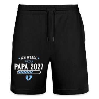 Ich werde Papa 2027 – Schwangerschaft verkünden - Stanley/Stella Unisex Bio Joggingshorts Trainer  - Schwarz - Vorne - Nik (191cm) & Marisol (170cm)