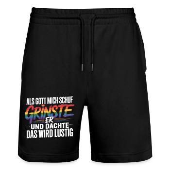 Als Gott mich schuf grinste er – Pride Humor - Stanley/Stella Unisex Bio Joggingshorts Trainer  - Schwarz - Vorne - Nik (191cm) & Marisol (170cm)