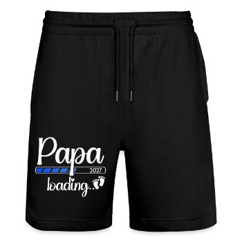Papa 2027 Loading Werdender Papa 2027 - Stanley/Stella Unisex Bio Joggingshorts Trainer  - Schwarz - Vorne - Nik (191cm) & Marisol (170cm)