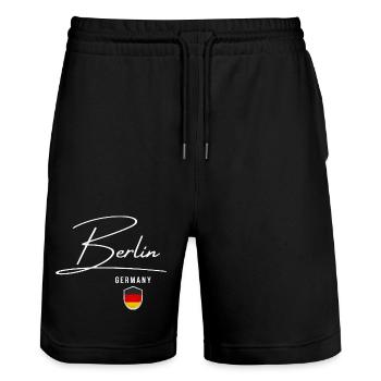 Berlin, Deutschland, elegantes Design Berlin - Stanley/Stella Unisex Bio Joggingshorts Trainer  - Schwarz - Vorne - Nik (191cm) & Marisol (170cm)