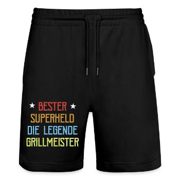 Papa Vater Grillmeister Held Lustiges BBQ - Stanley/Stella Unisex Bio Joggingshorts Trainer  - Schwarz - Vorne - Nik (191cm) & Marisol (170cm)