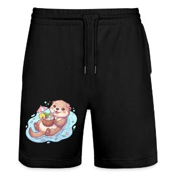 Cute Kawaii Otter Floating with Coconut Drink - Stanley/Stella Trainer Unisex Organic Jogging Shorts - black - Front - Nik (191cm) & Marisol (170cm)