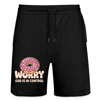 Donut Faith Inspire: Gott hat die Kontrolle - Stanley/Stella Unisex Bio Joggingshorts Trainer  - Schwarz - Vorne - Nik (191cm) & Marisol (170cm)