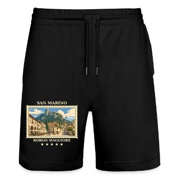 San Marino Borgo Maggiore Vintage Reisemarke - Stanley/Stella Unisex Bio Joggingshorts Trainer  - Schwarz - Vorne - Nik (191cm) & Marisol (170cm)