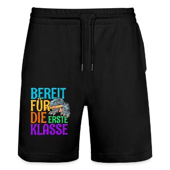 1. Klasse Einschulung Dinosaurier Dino - Stanley/Stella Unisex Bio Joggingshorts Trainer  - Schwarz - Vorne - Nik (191cm) & Marisol (170cm)