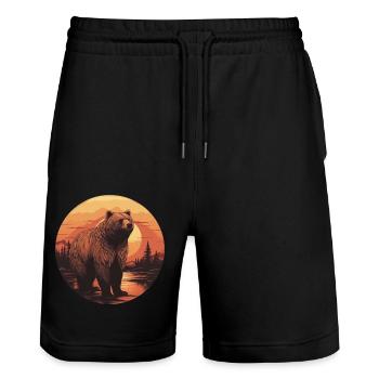 Retro sunset bear in Canadian forest - Stanley/Stella Trainer Unisex Organic Jogging Shorts - black - Front - Nik (191cm) & Marisol (170cm)