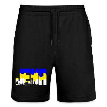 Jena Schriftzug Blau Gelb Weiß mit Skyline - Stanley/Stella Unisex Bio Joggingshorts Trainer  - Schwarz - Vorne - Nik (191cm) & Marisol (170cm)