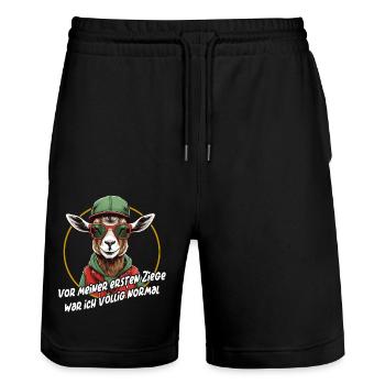 Vor den Ziegen war ich normal - lustiger Spruch - Stanley/Stella Unisex Bio Joggingshorts Trainer  - Schwarz - Vorne - Nik (191cm) & Marisol (170cm)