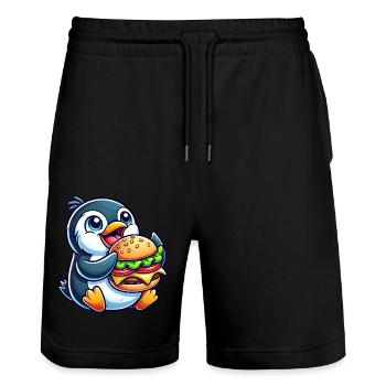 Skurriler Pinguin mit Hamburger lustig Chibi - Stanley/Stella Unisex Bio Joggingshorts Trainer  - Schwarz - Vorne - Nik (191cm) & Marisol (170cm)