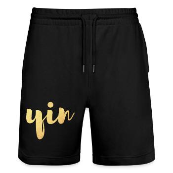 Yin (Yin et Yang) Gold Yoga Look partenaire - Short de jogging bio TRAINER Stanley/Stella unisexe - noir - Devant - Nik (191cm) & Marisol (170cm)