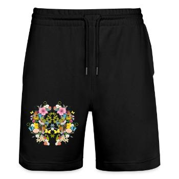fleurs symétriques, oiseaux et papillons - Short de jogging bio TRAINER Stanley/Stella unisexe - noir - Devant - Nik (191cm) & Marisol (170cm)
