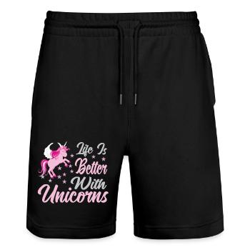 Leben ist besser mit Einhörnern - Stanley/Stella Unisex Bio Joggingshorts Trainer  - Schwarz - Vorne - Nik (191cm) & Marisol (170cm)