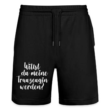 Trauzeugin Frage Hochzeit Geschenk - Stanley/Stella Unisex Bio Joggingshorts Trainer  - Schwarz - Vorne - Nik (191cm) & Marisol (170cm)
