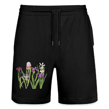 Iris sauvage et orchidée design botanique - Short de jogging bio TRAINER Stanley/Stella unisexe - noir - Devant - Nik (191cm) & Marisol (170cm)
