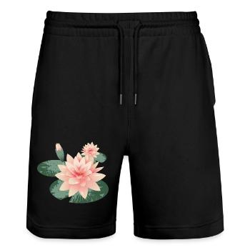 Deux fleurs de nénuphars avec bourgeon dans l’étang aux nénuphars - Short de jogging bio TRAINER Stanley/Stella unisexe - noir - Devant - Nik (191cm) & Marisol (170cm)
