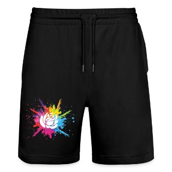 White flower and multicolored explosion - Stanley/Stella Trainer Unisex Organic Jogging Shorts - black - Front - Nik (191cm) & Marisol (170cm)
