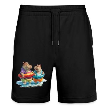 Hippos am Strand mit Schwimmreifen - Stanley/Stella Unisex Bio Joggingshorts Trainer  - Schwarz - Vorne - Nik (191cm) & Marisol (170cm)