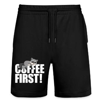 Raccoon Coffee First - Stanley/Stella Trainer Unisex Organic Jogging Shorts - black - Front - Nik (191cm) & Marisol (170cm)