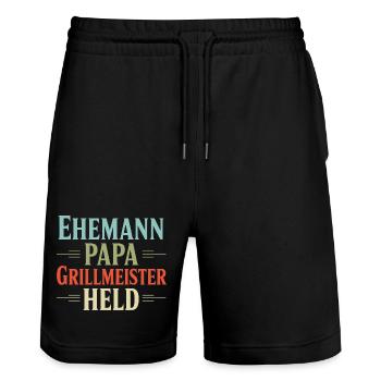Ehemann Papa Grillmeister Held Vater Retro BBQ - Stanley/Stella Unisex Bio Joggingshorts Trainer  - Schwarz - Vorne - Nik (191cm) & Marisol (170cm)