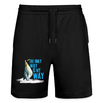 Funny Nihilist Penguin Meme T-shirt Walking Away  - Stanley/Stella Trainer Unisex Organic Jogging Shorts - black - Front - Nik (191cm) & Marisol (170cm)