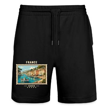 Frankreich Cassis Vintage Reisemarke - Stanley/Stella Unisex Bio Joggingshorts Trainer  - Schwarz - Vorne - Nik (191cm) & Marisol (170cm)
