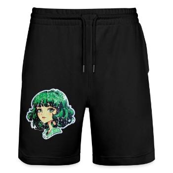 Green Kawaii Anime / Manga Girl - Stanley/Stella Trainer Unisex Organic Jogging Shorts - black - Front - Nik (191cm) & Marisol (170cm)