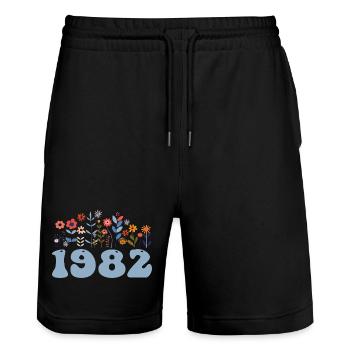 1982 Blumenmuster 1982 Blumen-thema Blumen 1982 - Stanley/Stella Unisex Bio Joggingshorts Trainer  - Schwarz - Vorne - Nik (191cm) & Marisol (170cm)