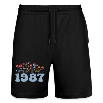 1987 Blumenmuster 1987 Blumen-thema Blumen 1987 - Stanley/Stella Unisex Bio Joggingshorts Trainer  - Schwarz - Vorne - Nik (191cm) & Marisol (170cm)