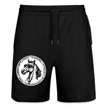 Pferd Pferde Reiten Reiter Reiterin - Stanley/Stella Unisex Bio Joggingshorts Trainer  - Schwarz - Vorne - Nik (191cm) & Marisol (170cm)