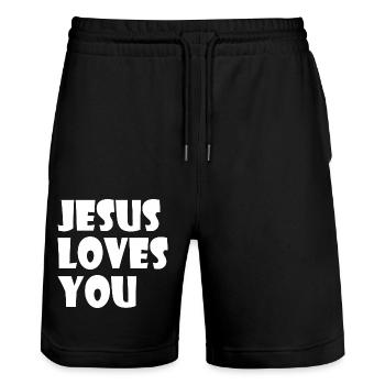 Jesus loves you - Stanley/Stella Unisex Bio Joggingshorts Trainer  - Schwarz - Vorne - Nik (191cm) & Marisol (170cm)
