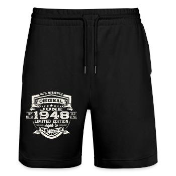 75e anniversaire Juin Millésime 1948 Bouclier original - Short de jogging bio TRAINER Stanley/Stella unisexe - noir - Devant - Nik (191cm) & Marisol (170cm)