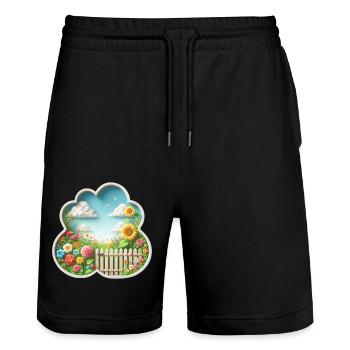 Garden with flower on flower meadow and sunflower - Stanley/Stella Trainer Unisex Organic Jogging Shorts - black - Front - Nik (191cm) & Marisol (170cm)