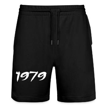 1979 Geschenk 46. Jubiläum 1979 Retro 1979 - Stanley/Stella Unisex Bio Joggingshorts Trainer  - Schwarz - Vorne - Nik (191cm) & Marisol (170cm)